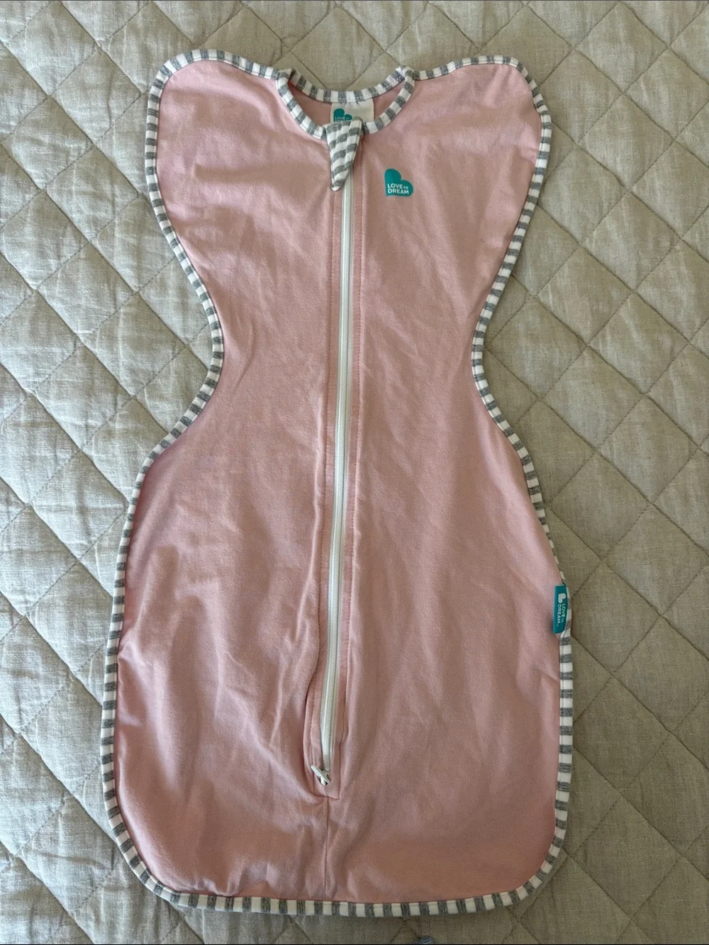 NWOT Love to dream Pink Sleep Sack with Gray Stripe Trim and Teal Tag